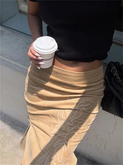 Embrodied Brown Pencil Midi Skirt