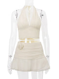 Ruched V-neck Bralette And Frill Mini Skirt Set