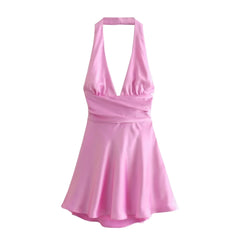 Satin Deep Neck Halter Frill Mini Dress - Free From Label