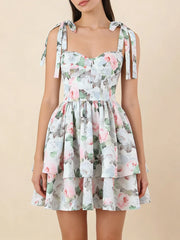 Print Corset Style Bow Strap Tiered Ruffled Mini Dress