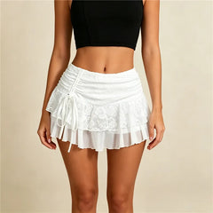 Floral Lace Ruffle Side Drawstring Mini Skirt