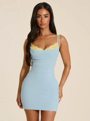 Blue Lace Bralette Removable Spaghetti Strap Bodycon Mini Dress
