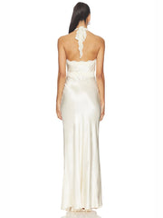 White Satin Lace Patchwork Halter Long Dress