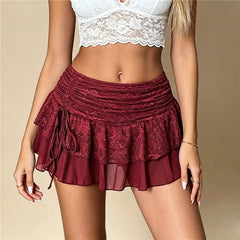 Floral Lace Ruffle Side Drawstring Mini Skirt