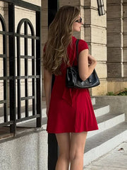 Red High Neck Keyhole Front Button Mini Dress