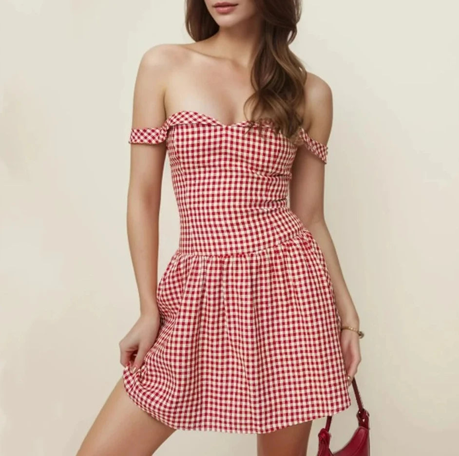 Plaid Print Short Sleeve Ruched Hem Swing Mini Dress