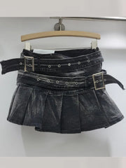 Denim Low Waist Double Belt Pleated Mini Skirt