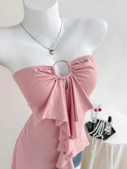 Pink Metal Ring Cutout Ruffle Strapless Top
