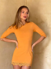 Round Neck Half Sleeve Bodycon Lace Trim Mini Dress