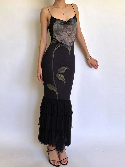 Black Rose Satin Print Spaghetti Strap Tassel Hem Maxi Dress