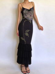 Black Rose Satin Print Spaghetti Strap Tassel Hem Maxi Dress