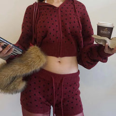 Knit Polka Dot Zip Up Cropped Hoodie and Shorts Set