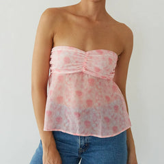 Pink Floral Strapless Mesh Top