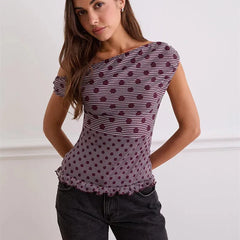 Off Shoulder Polka Dot Print Ruffle Hem Tank Top