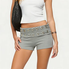 Low Waist Metal Eyelet Detail Fold Over Waistband Shorts