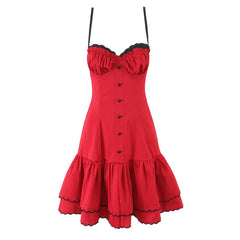 Red Front Button Hem Ruffle  A-line Mini Dress