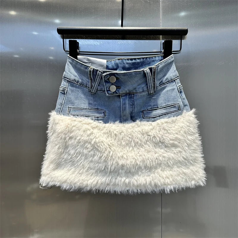 Faux Fur Trim Denim Mini Skirt Free From Label