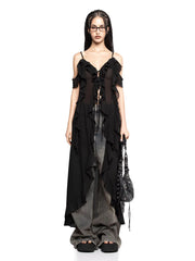 Ruffled Fringe Strap V-Neck Long Top