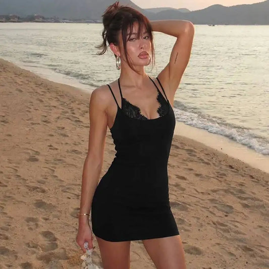 Lace Patchwork Spaghetti Strap Mini Dress