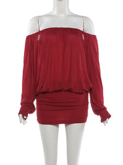 Off-Shoulder Long Sleeve Open Back Puff Mini Dress