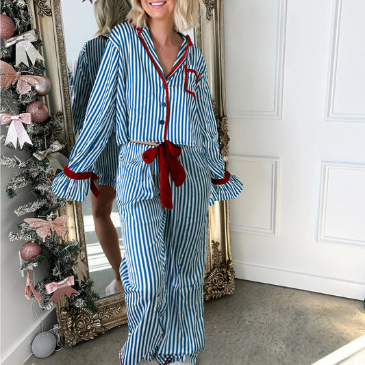 Striped Print Long Sleeve Button-up Shirts And Long Pant Pajama Set