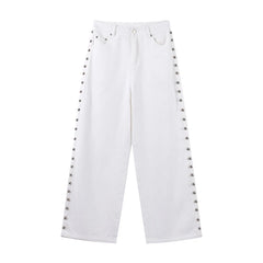 Side Studded Beading Straight Baggy High Waist Denim Pants