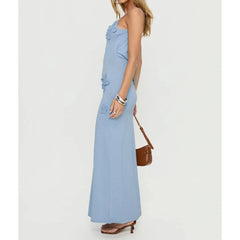 Blue Knit  3D Flower Decor Maxi Dress