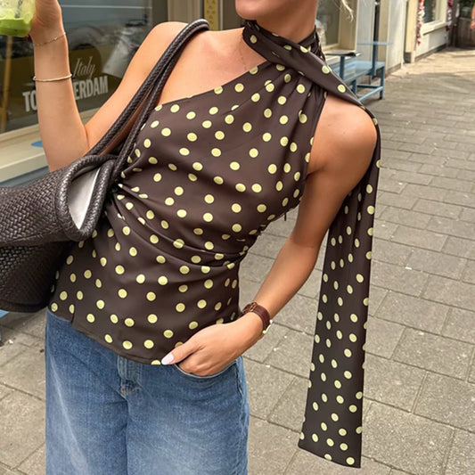 Brown  Polka Dot Scarf Halter Neck Top