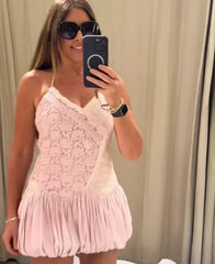 Pink Patchwork Pattern Lace Spaghetti Strap Mini Dress