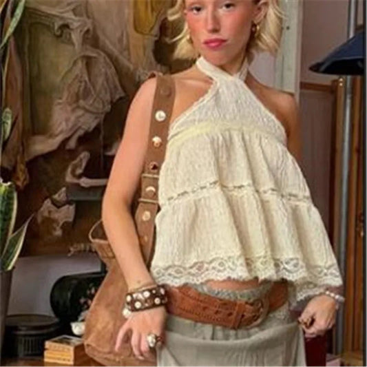 Yellow Tie Neck Lace Trim Top