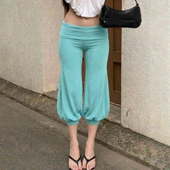 Solid Cuff Lantern Low Waist Cropped Pants