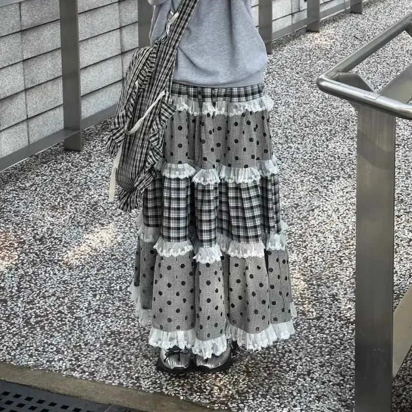 Women's black plaid and polka dot lace patchwork ruffles A-line maxi skirt.

