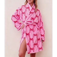 Heart/Bow Print Fleece Robe Loungewear