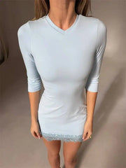 Round Neck Half Sleeve Bodycon Lace Trim Mini Dress