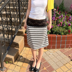 Lace Trim Low Waist Midi Skirt