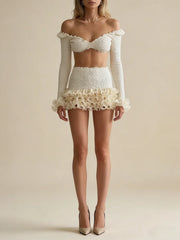 White Long Sleeve Crop Top And Ruffle Trim Mini Skirt Set