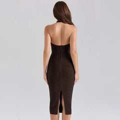 Brown Halter Knit Bodycon Midi Dress