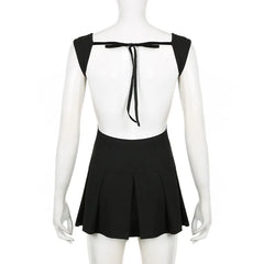 Black Backless Tie-Up Pleated Mini Dress - Free From Label