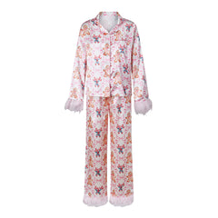 Christmas Feather Trim Satin Long Sleeve Button Down Top And Pants Pajama Set