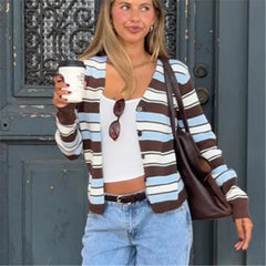 Blue Striped Crop Knit Cardigan