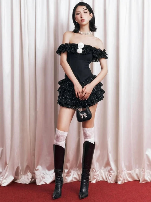 Off-shoulder Frill Rose Corset Top And Polka Dot Ruffle Mini Sirt Set