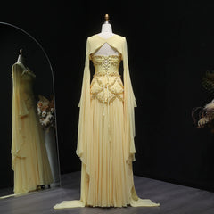 Cape Sleeve Chiffon Tiered Petals Sequined Pearl Embellished Gown