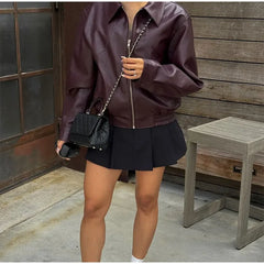 Burgundy Pu Leather Zipper Biker Jacket Free From Label