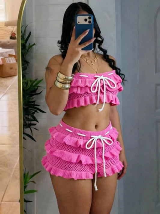Knitted Ruffle Tiered Crop Top And Ruffle Shorts Set