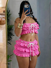 Knitted Ruffle Tiered Crop Top And Ruffle Shorts Set