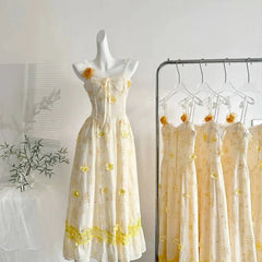 Yellow Spaghetti Strap Embroidered Flower Midi Dress