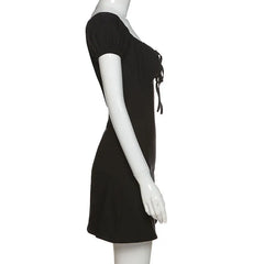 Black Ruched Short Sleeve Solid Mini Dress