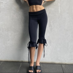 Solid Tie-up Ruffles Hem Capri Pants