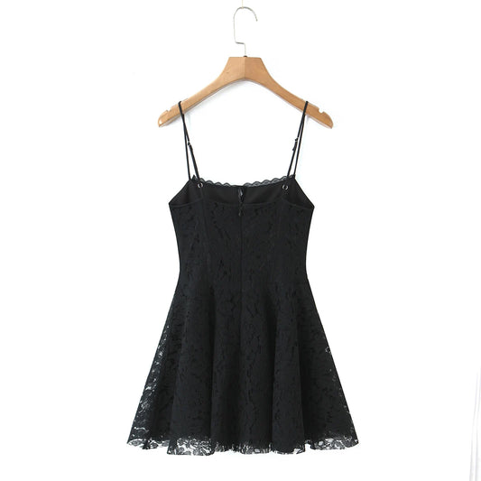 Black Embroidery Spaghetti Strap Keyhole Flared Mini Dress
