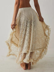 Lace Ruffle Sheer Asymmetrical Hemline Midi Skirt